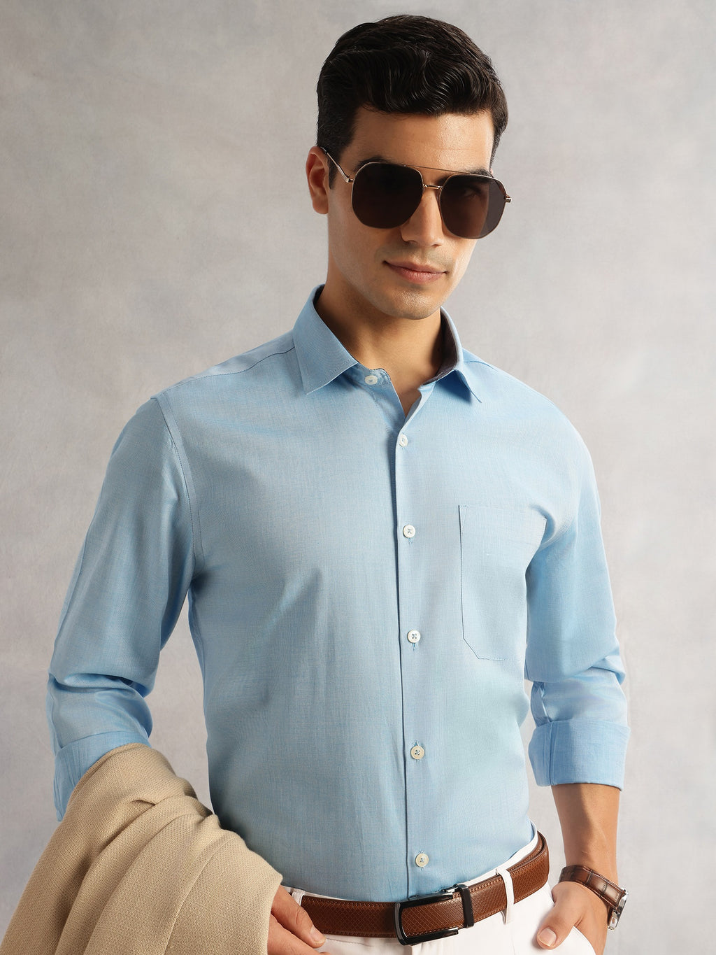 Thomas Scott Men Aqua Regular Fit Long Sleeves Cutaway Collar 100% Cotton Filafil Formal Shirt