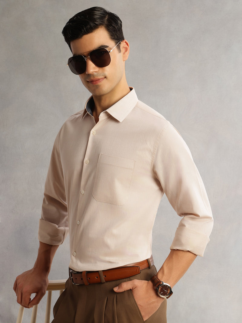 Thomas Scott Men Beige Regular Fit Long Sleeves Cutaway Collar 100% Cotton Filafil Formal Shirt