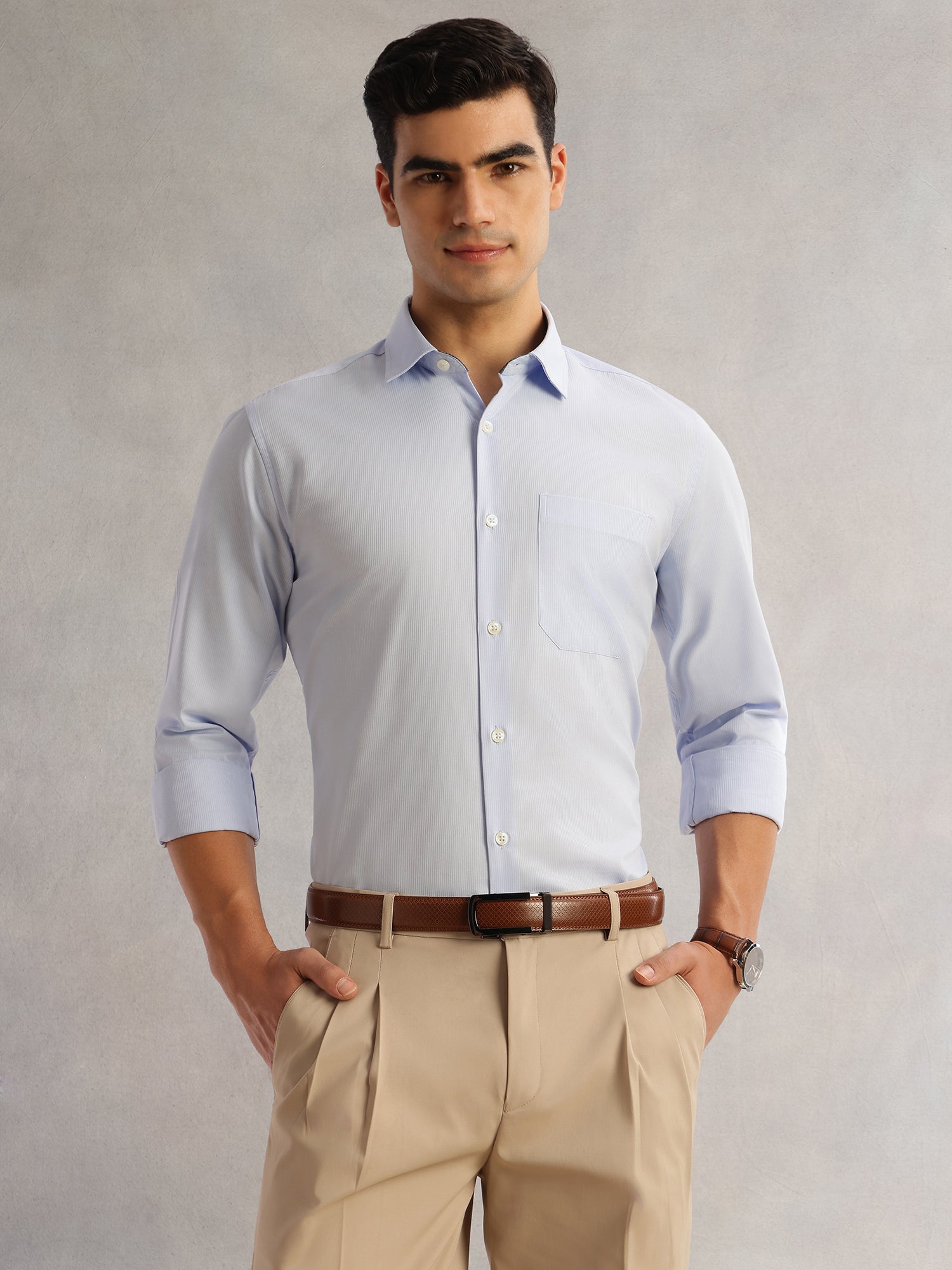 Thomas Scott Men Blue Regular Fit Long Sleeves Cutaway Collar 100% Cotton Dobby Formal Shirt
