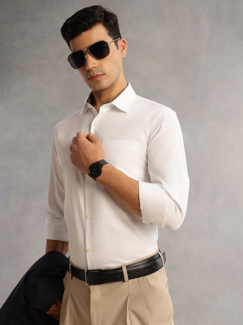 Thomas Scott Men White Regular Fit Long Sleeves Cutaway Collar 100% Cotton Dobby Formal Shirt