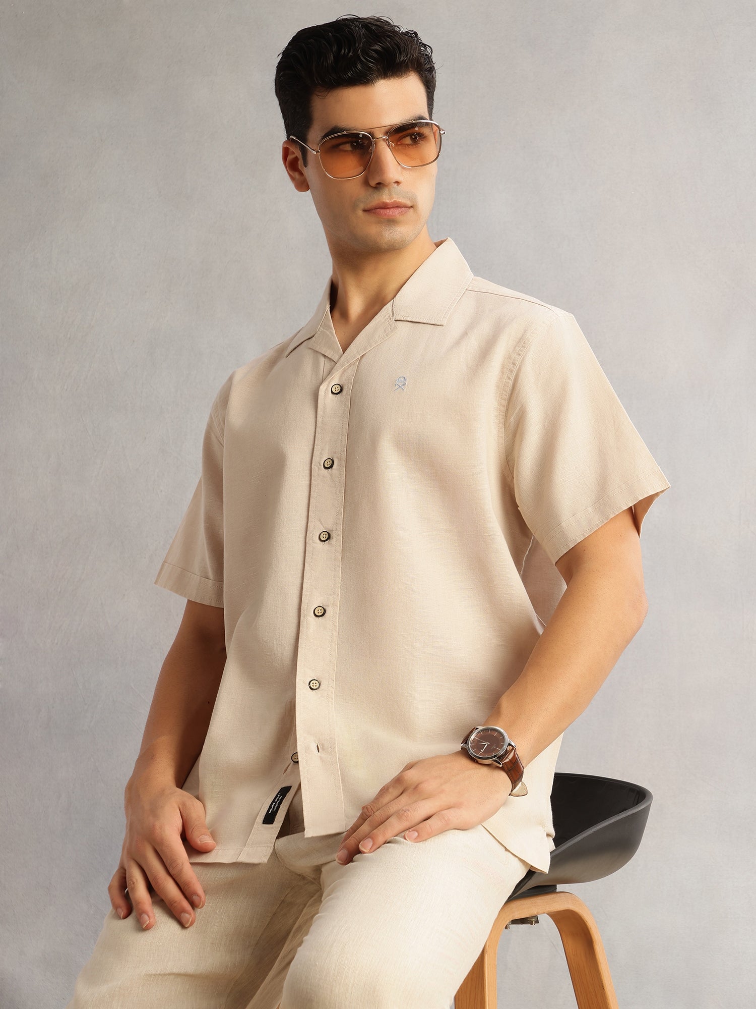 Thomas Scott Men Beige Oversized Fit Short Sleeves Cuban Collar Solid Cotton Linen Casual Shirt