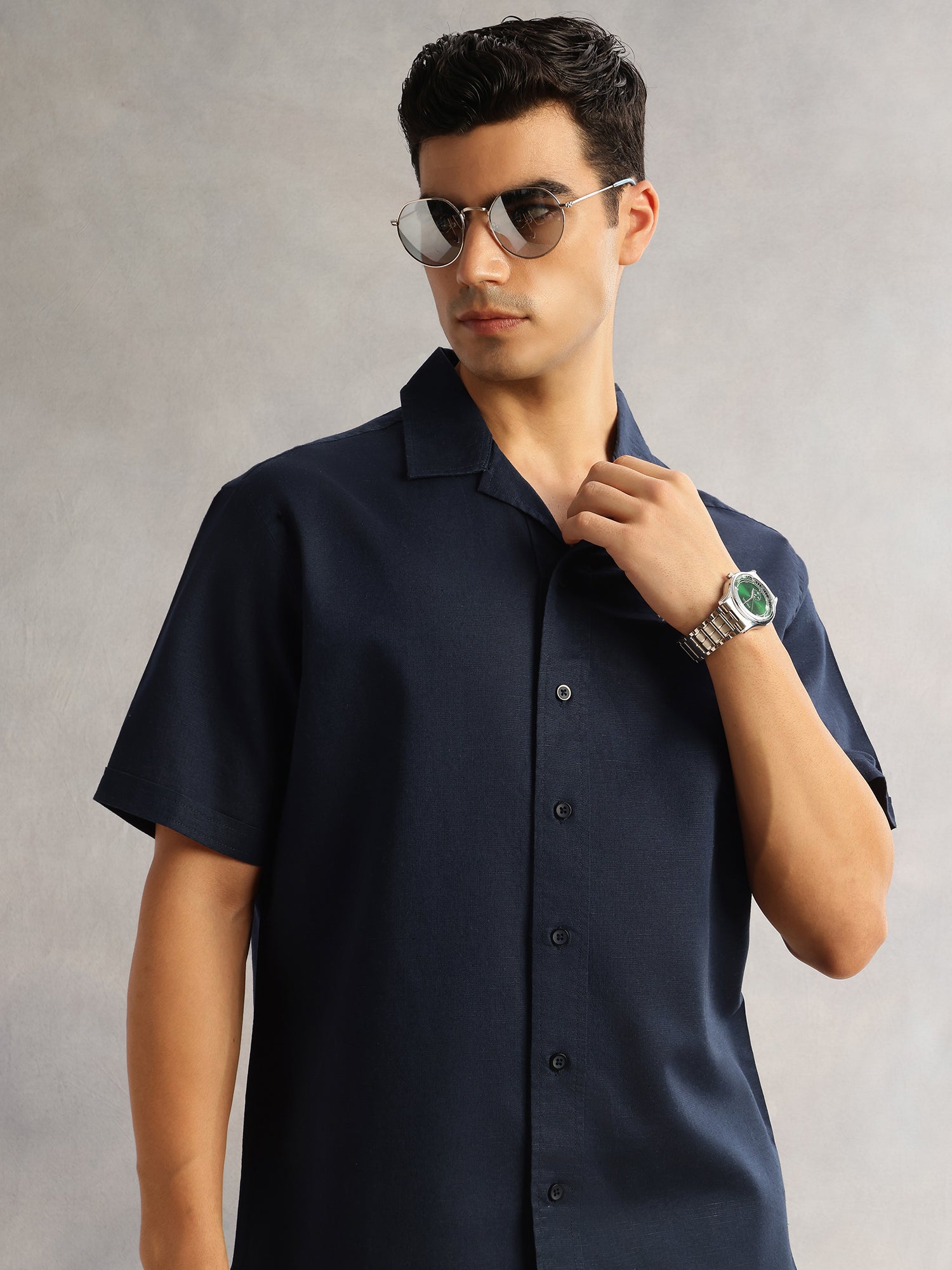 Thomas Scott Men Navy Oversized Fit Short Sleeves Cuban Collar Solid Cotton Linen Casual Shirt