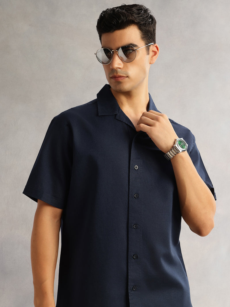 Thomas Scott Men Navy Oversized Fit Short Sleeves Cuban Collar Solid Cotton Linen Casual Shirt