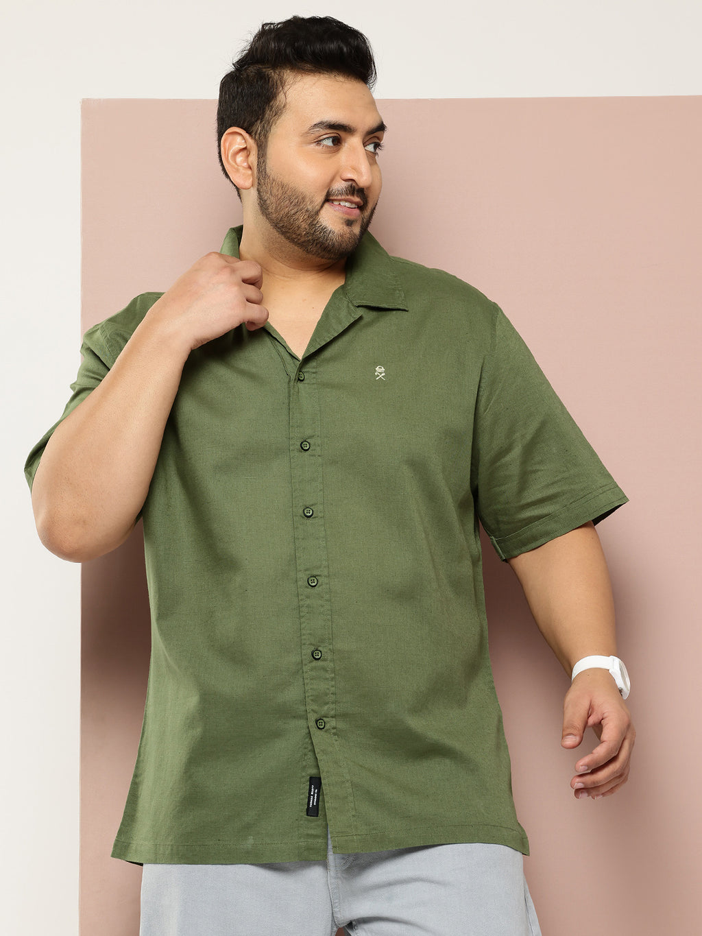 Thomas Scott Men Green Plus Size Oversized Fit Short Sleeves Cuban Collar Solid Cotton Linen Casual Shirt