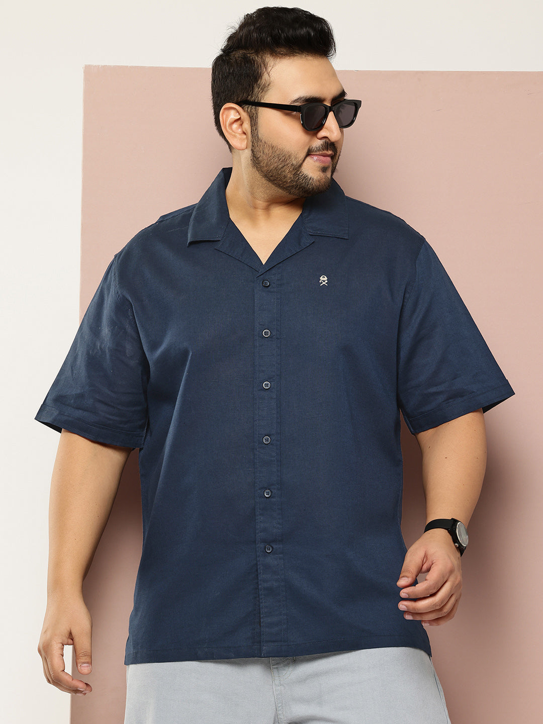 Thomas Scott Men Navy Plus Size Oversized Fit Short Sleeves Cuban Collar Solid Cotton Linen Casual Shirt