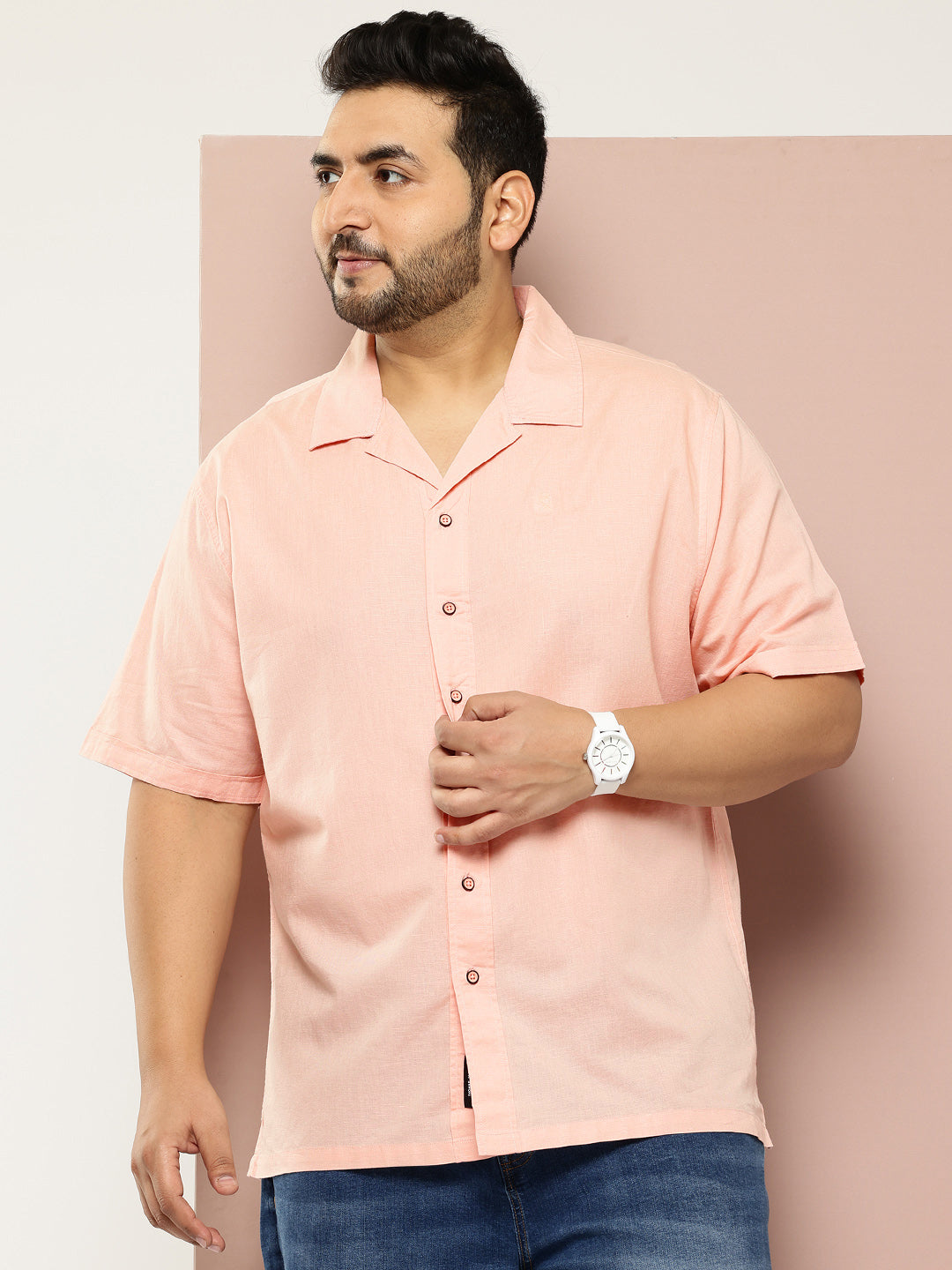 Thomas Scott Men Peach Plus Size Oversized Fit Short Sleeves Cuban Collar Solid Cotton Linen Casual Shirt