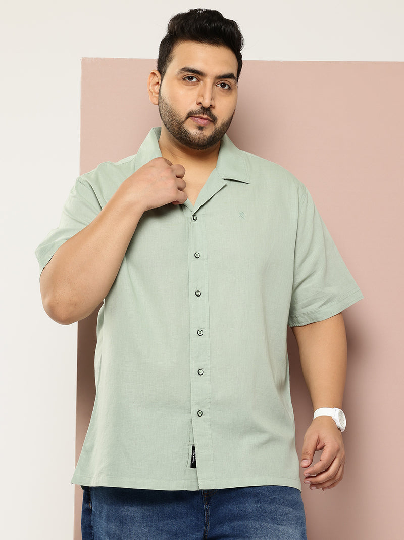 Thomas Scott Men Pista Plus Size Oversized Fit Short Sleeves Cuban Collar Solid Cotton Linen Casual Shirt