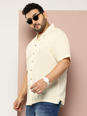 Yellow Plus Size Oversized Fit Short Sleeves Cuban Collar Solid Cotton Linen Casual Shirt For Men