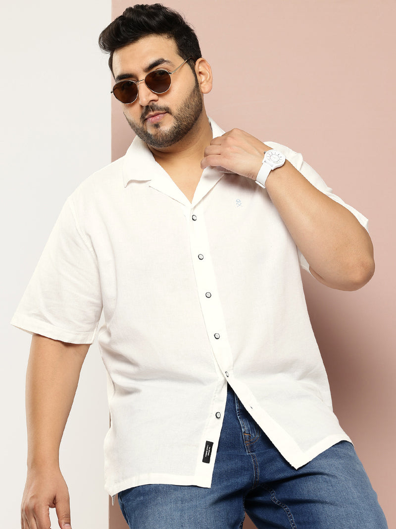 Thomas Scott Men White Plus Size Oversized Fit Short Sleeves Cuban Collar Solid Cotton Linen Casual Shirt