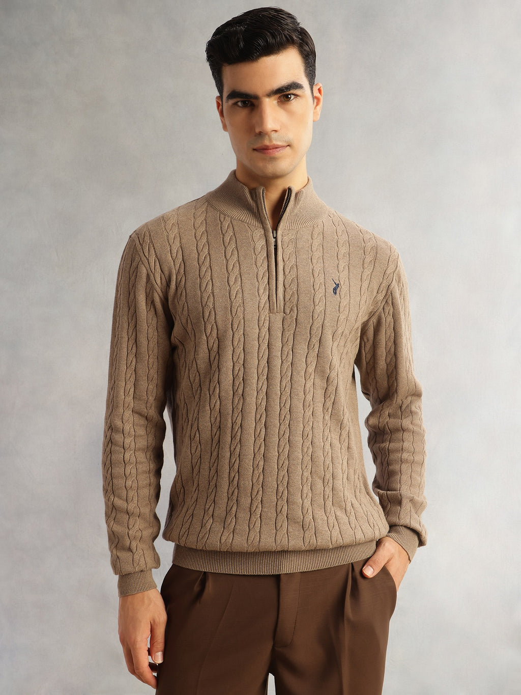 Thomas Scott Men Beige Regular Fit Long Sleeves Mock Collar Cable Knitted Pullover Sweater