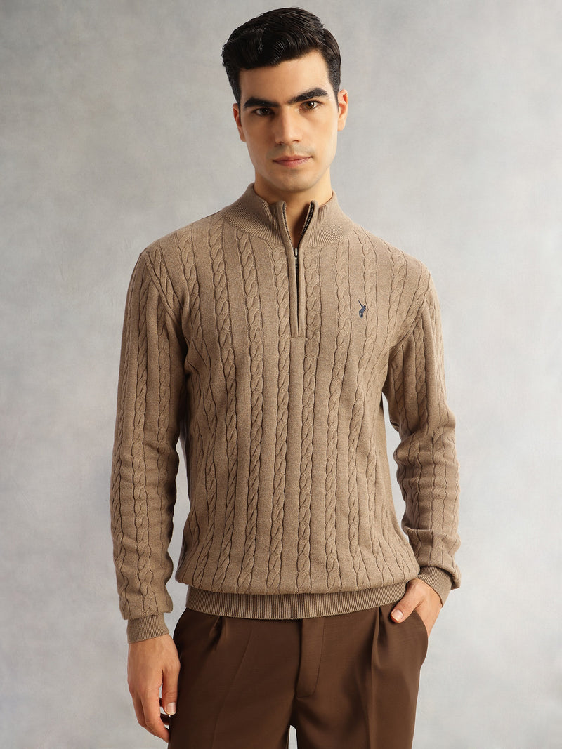 Thomas Scott Men Beige Regular Fit Long Sleeves Mock Collar Cable Knitted Pullover Sweater