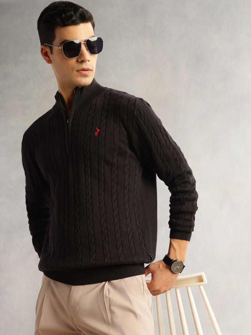 Thomas Scott Men Black Regular Fit Long Sleeves Mock Collar Cable Knitted Pullover Sweater