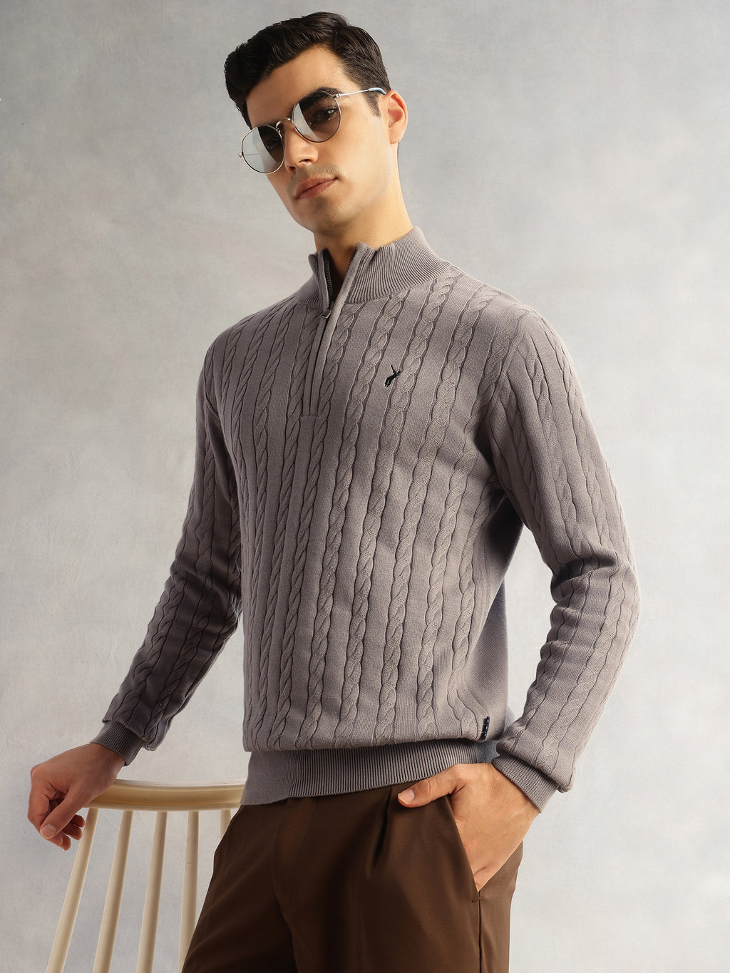 Thomas Scott Men Grey Regular Fit Long Sleeves Mock Collar Cable Knitted Pullover Sweater