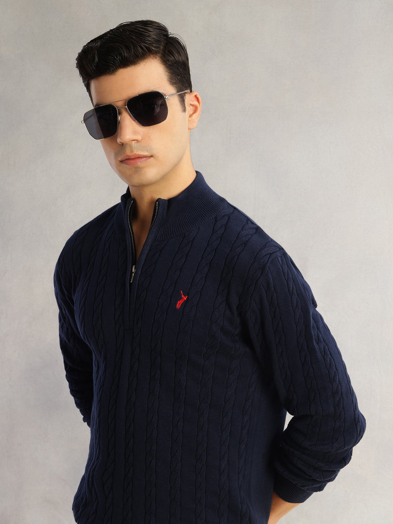 Thomas Scott Men Navy Regular Fit Long Sleeves Mock Collar Cable Knitted Pullover Sweater