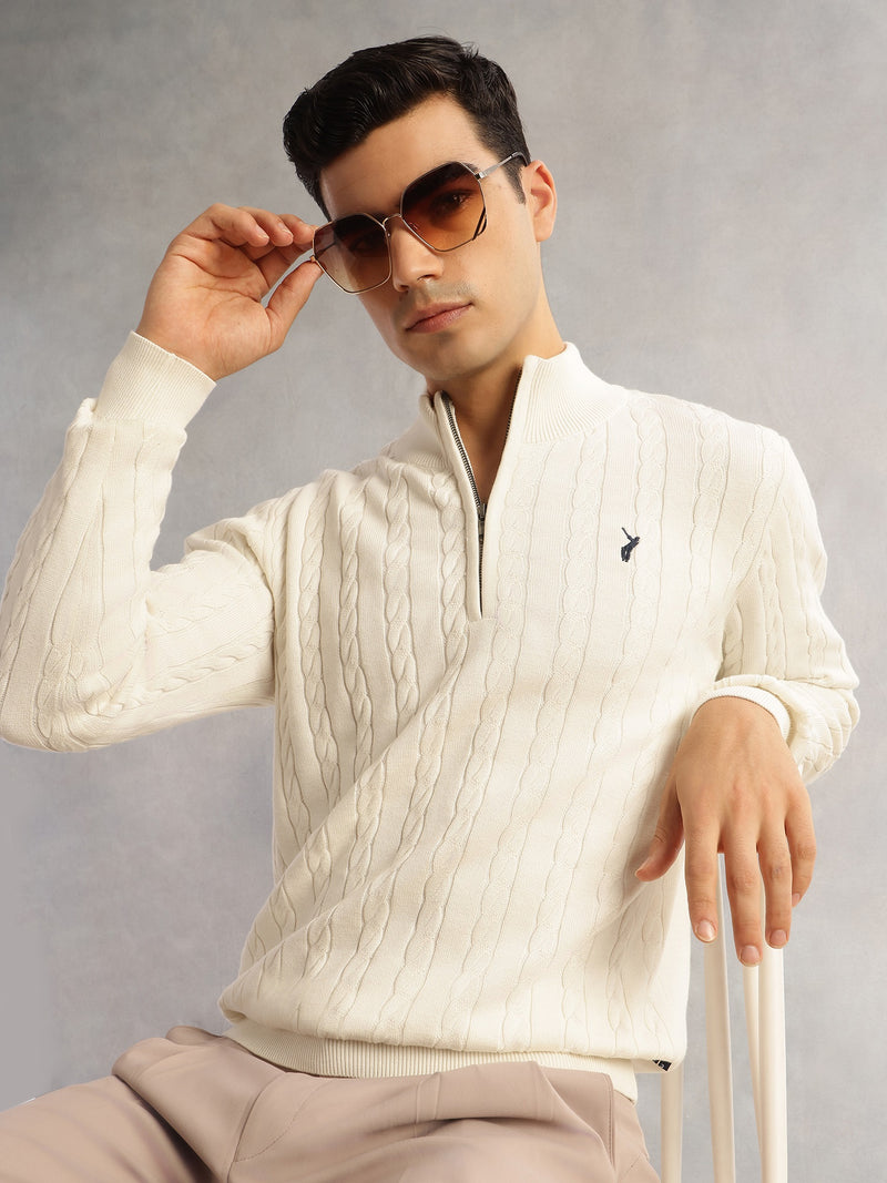 Thomas Scott Men White Regular Fit Long Sleeves Mock Collar Cable Knitted Pullover Sweater