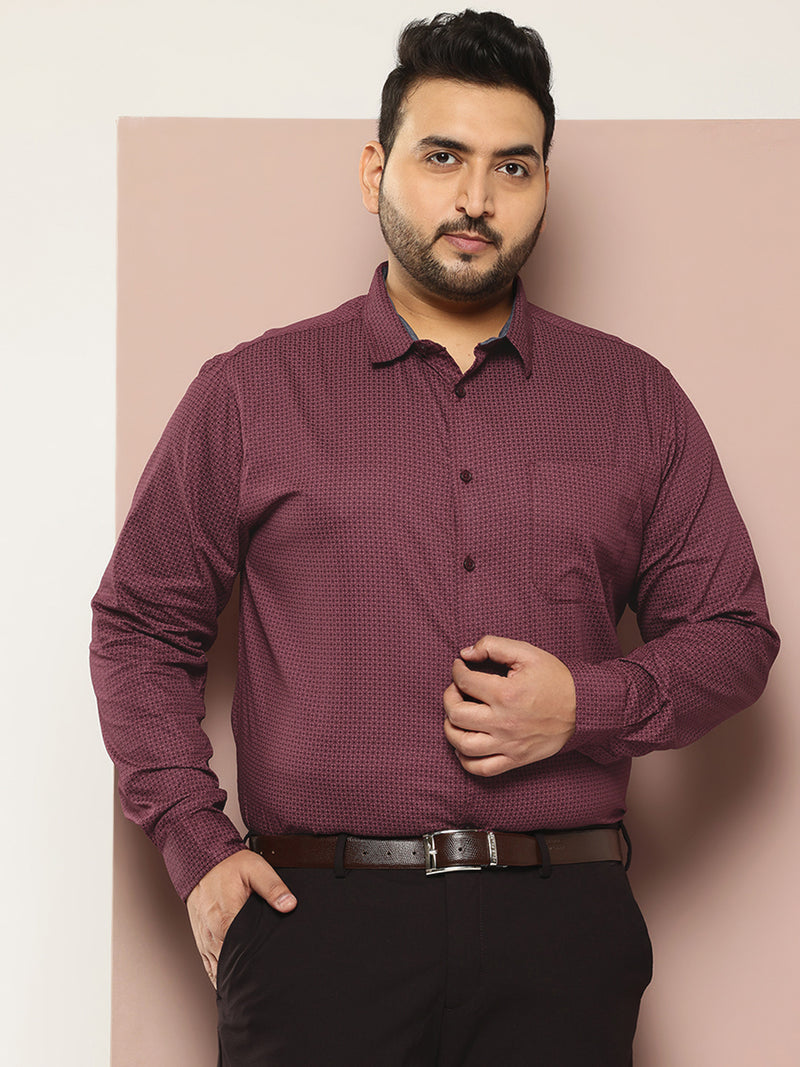 Thomas Scott Men Wine Plus Size Regular Fit Long Sleeves Cutaway Collar Geometric Printed 100% Cotton Satin Formal Shirt
