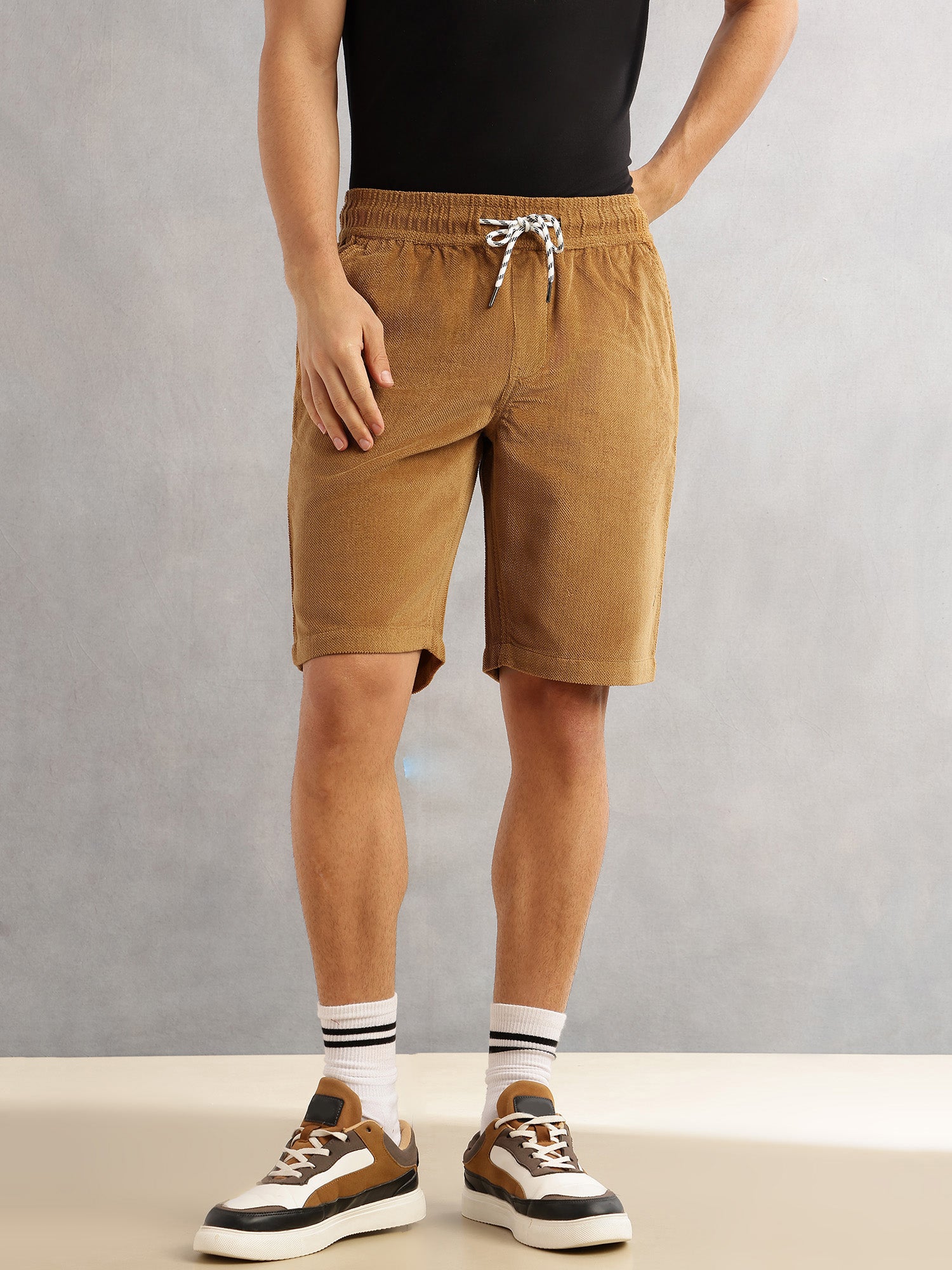 Thomas Scott Men Sand Regular Fit Mid-Rise Corduroy Casual Shorts
