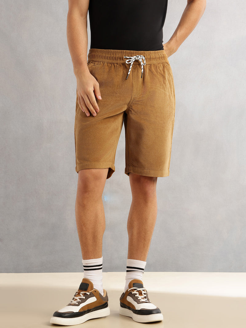 Thomas Scott Men Sand Regular Fit Mid-Rise Corduroy Casual Shorts