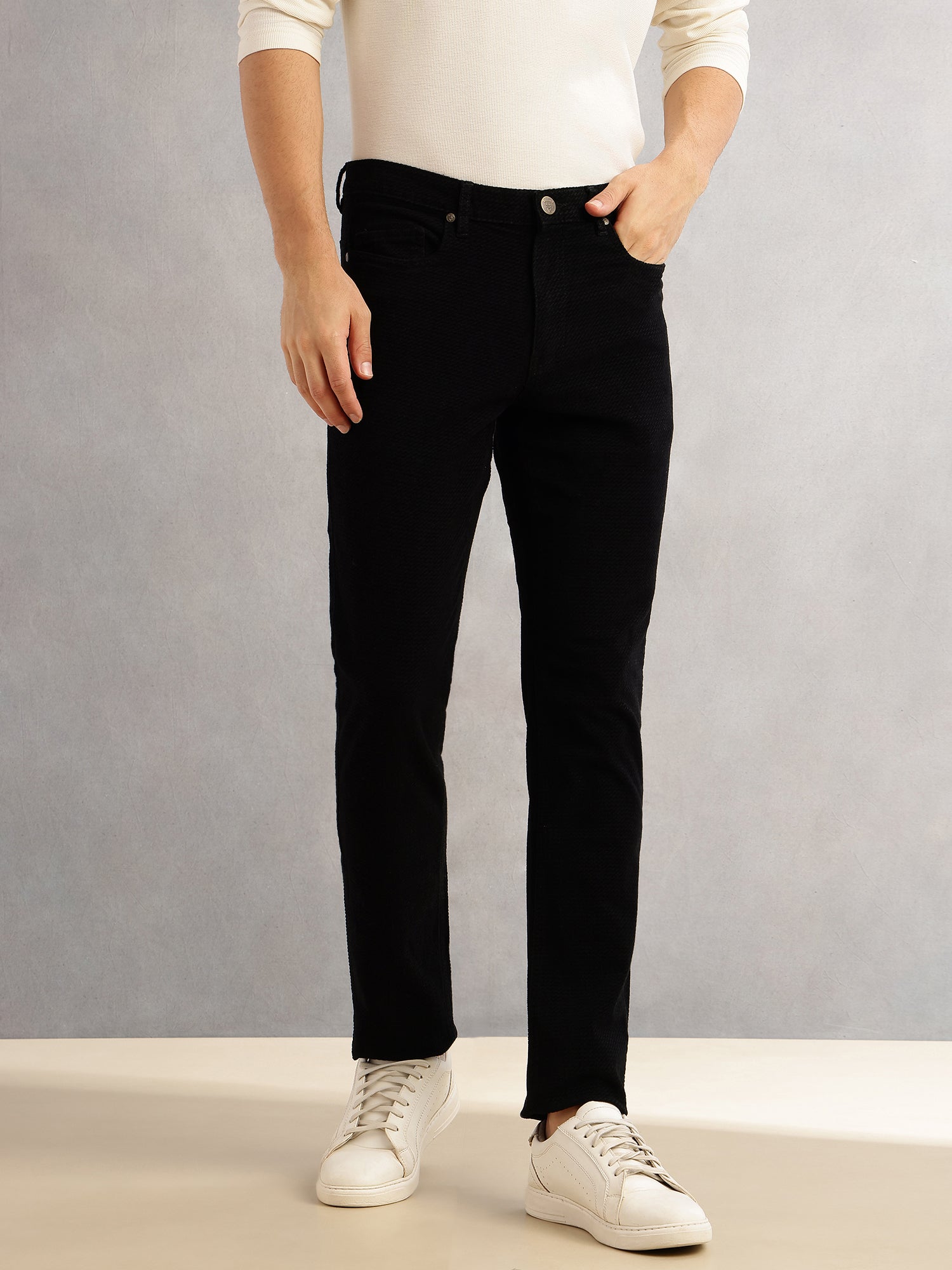 Thomas Scott Men Black Regular Fit Mid-Rise 5 Pockets Gabbar Corduroy Chinos Trouser