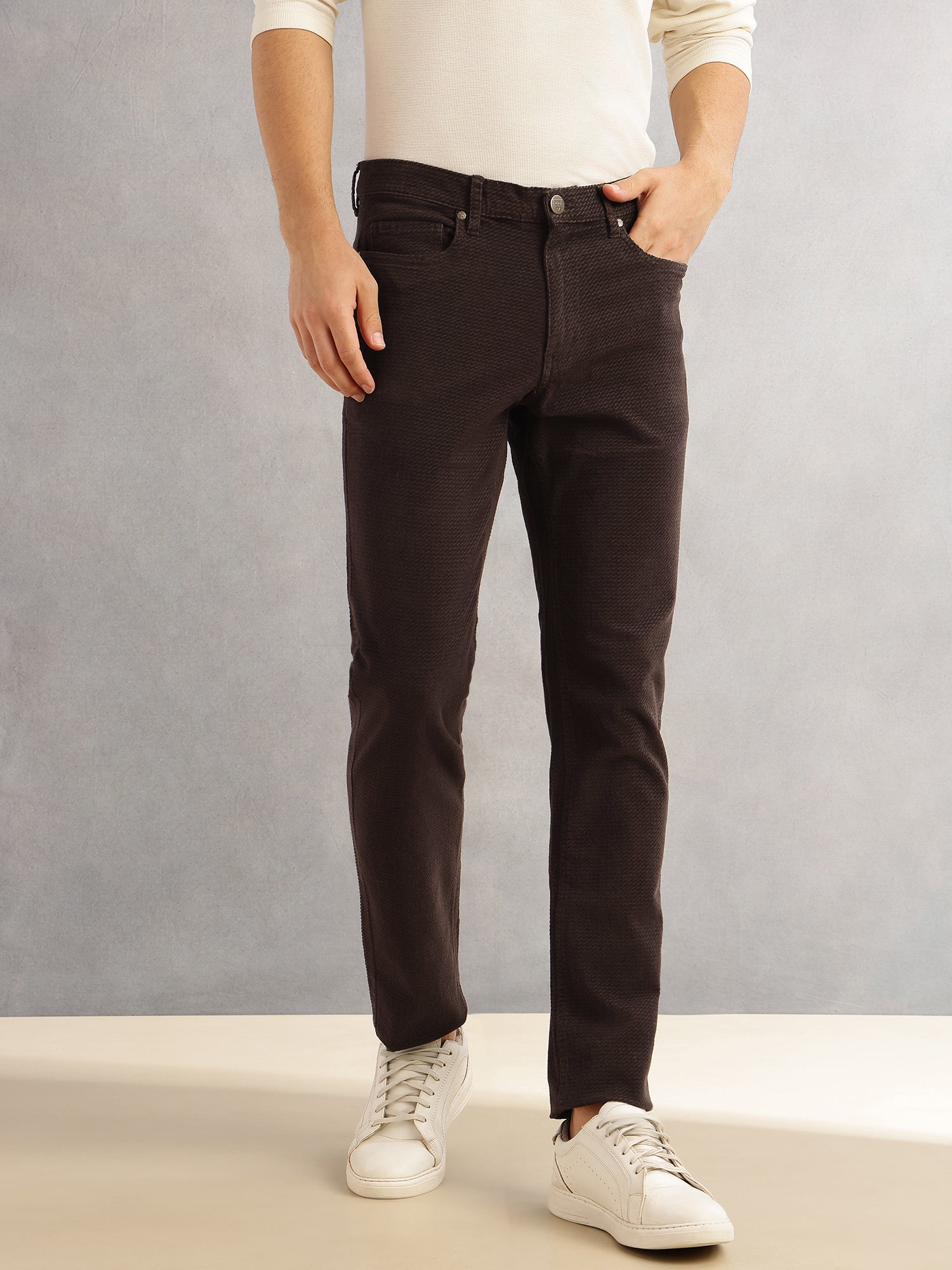 Thomas Scott Men Coffee Regular Fit Mid-Rise 5 Pockets Gabbar Corduroy Chinos Trouser