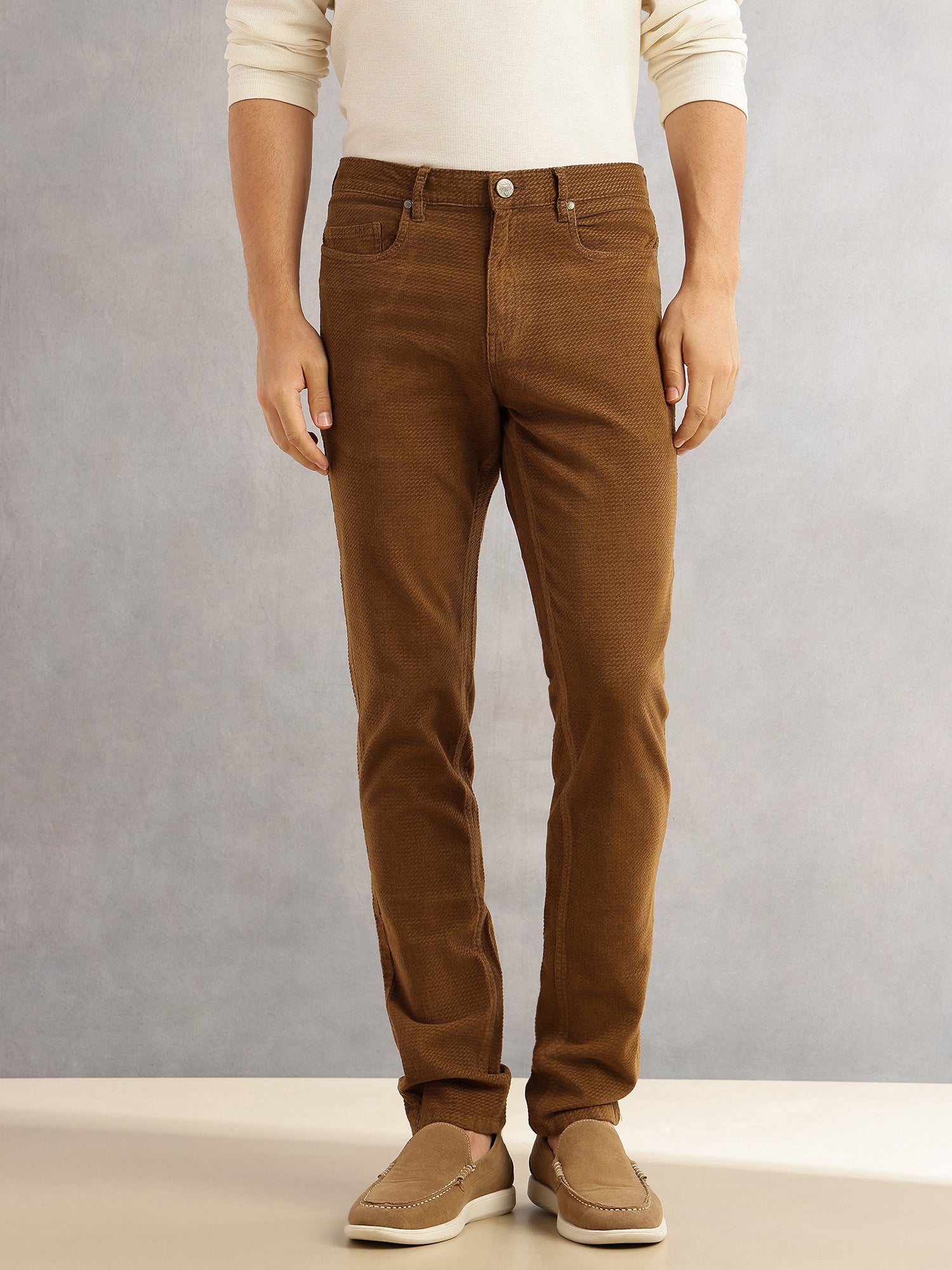 Thomas Scott Men Tan Regular Fit Mid-Rise 5 Pockets Gabbar Corduroy Chinos Trouser