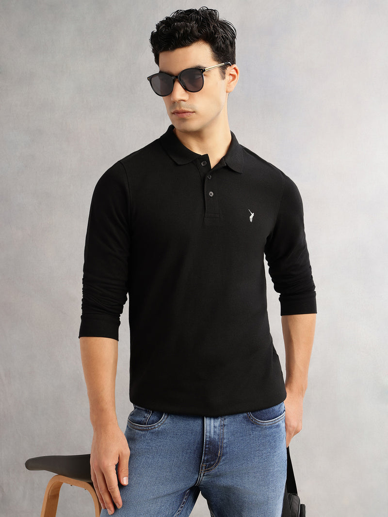 Thomas Scott Men Black Regular Fit Long Sleeves Solid Polo Collar Knitted T-shirt