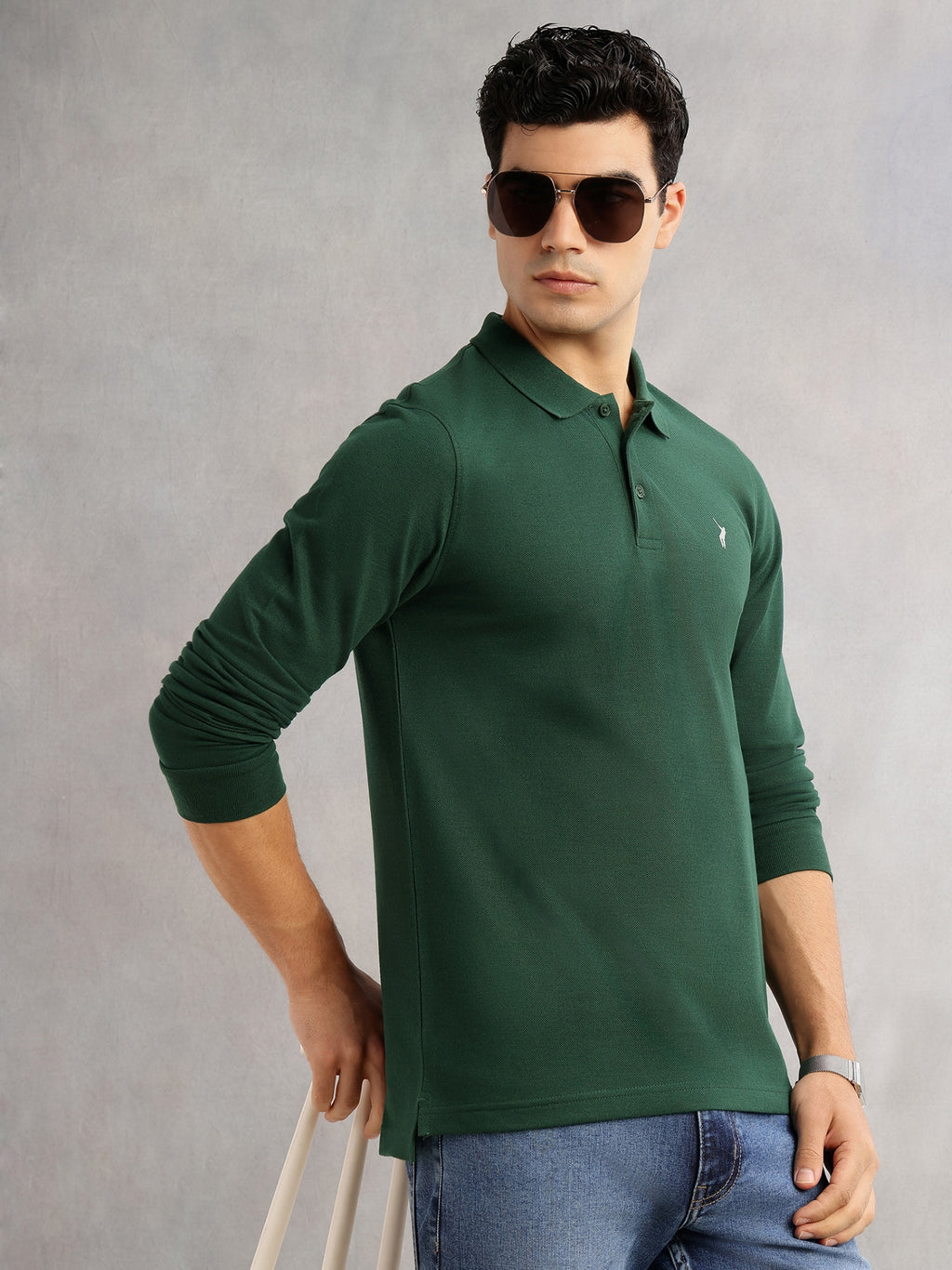 Thomas Scott Men Bottle Green Regular Fit Long Sleeves Solid Polo Collar Knitted T-shirt