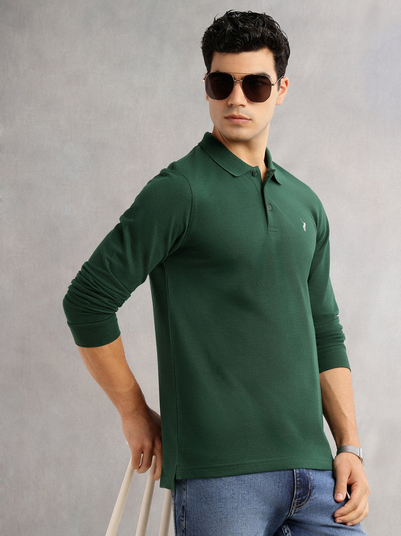 Thomas Scott Men Bottle Green Regular Fit Long Sleeves Solid Polo Collar Knitted T-shirt