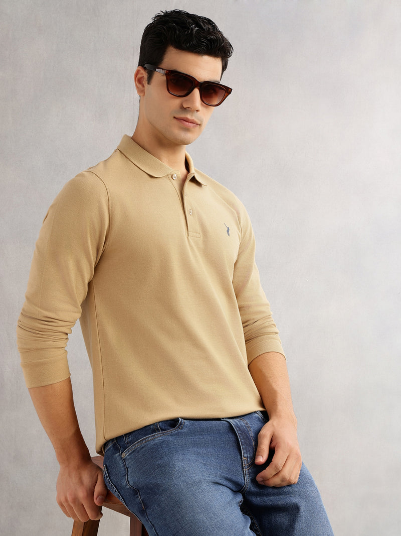 Thomas Scott Men Khaki Regular Fit Long Sleeves Solid Polo Collar Knitted T-shirt