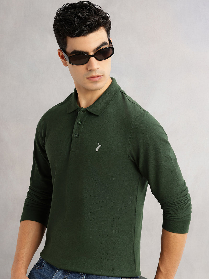 Thomas Scott Men Olive Regular Fit Long Sleeves Solid Polo Collar Knitted T-shirt