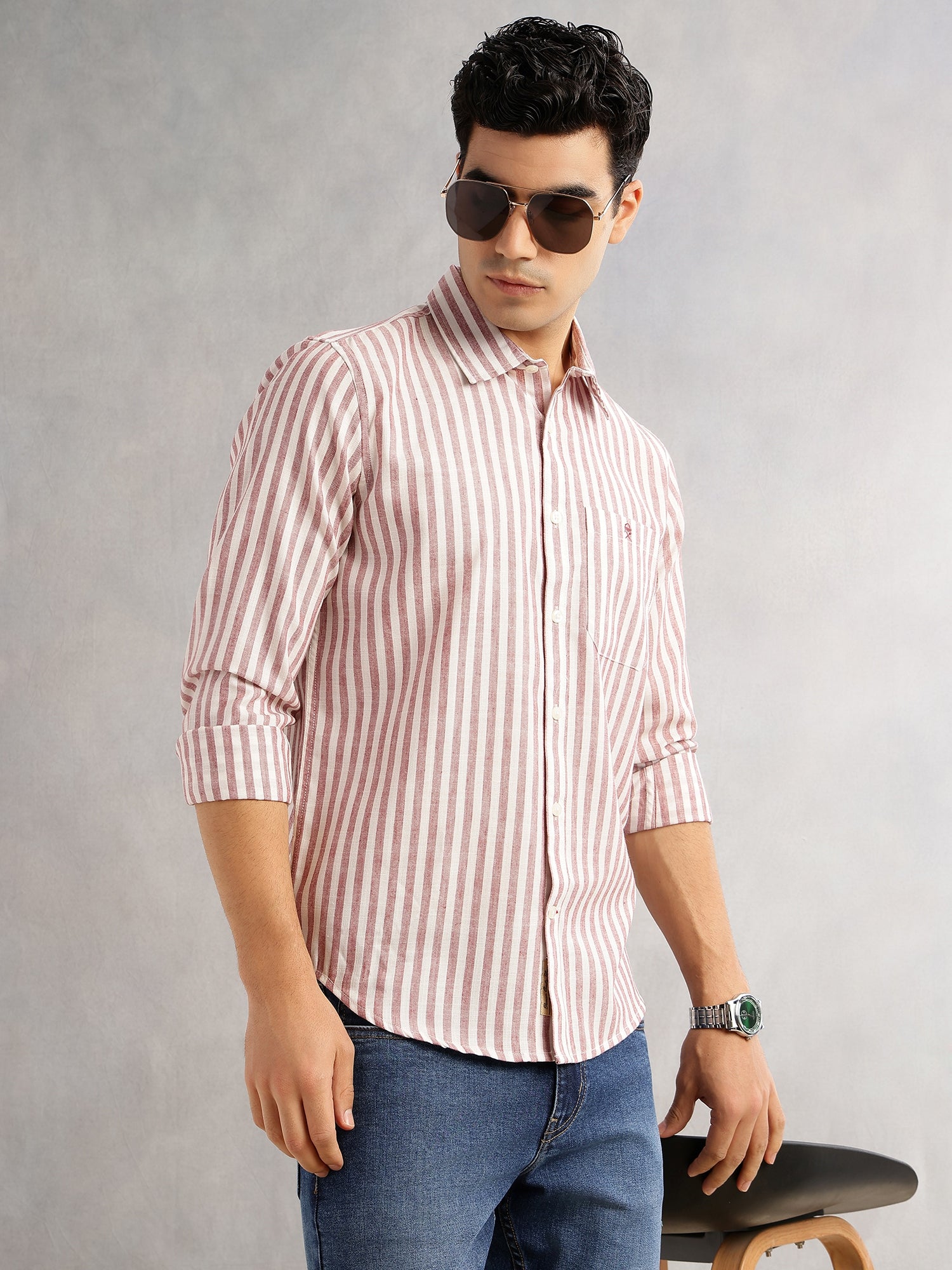Thomas Scott Men Maroon Slim Fit Long Sleeves Spread Collar Vertical Stripes Linen Casual Shirt