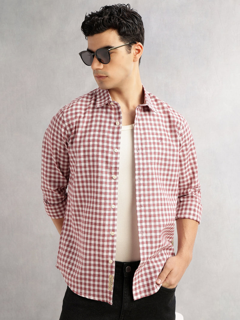 Thomas Scott Men Maroon Slim Fit Long Sleeves Spread Collar Tartan Checks Linen Casual Shirt