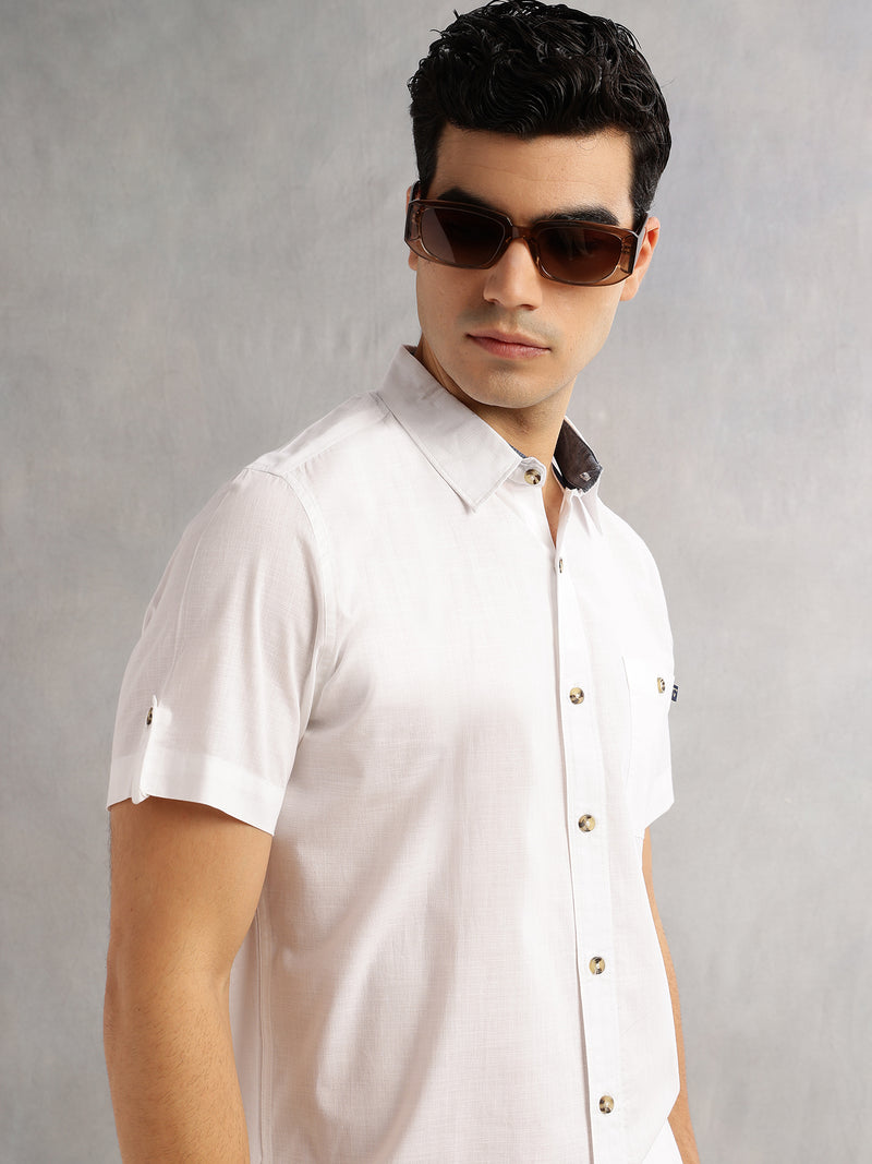 Thomas Scott Men White Regular Fit Short Sleeves Spread Collar 100% Cotton Casual Shirt