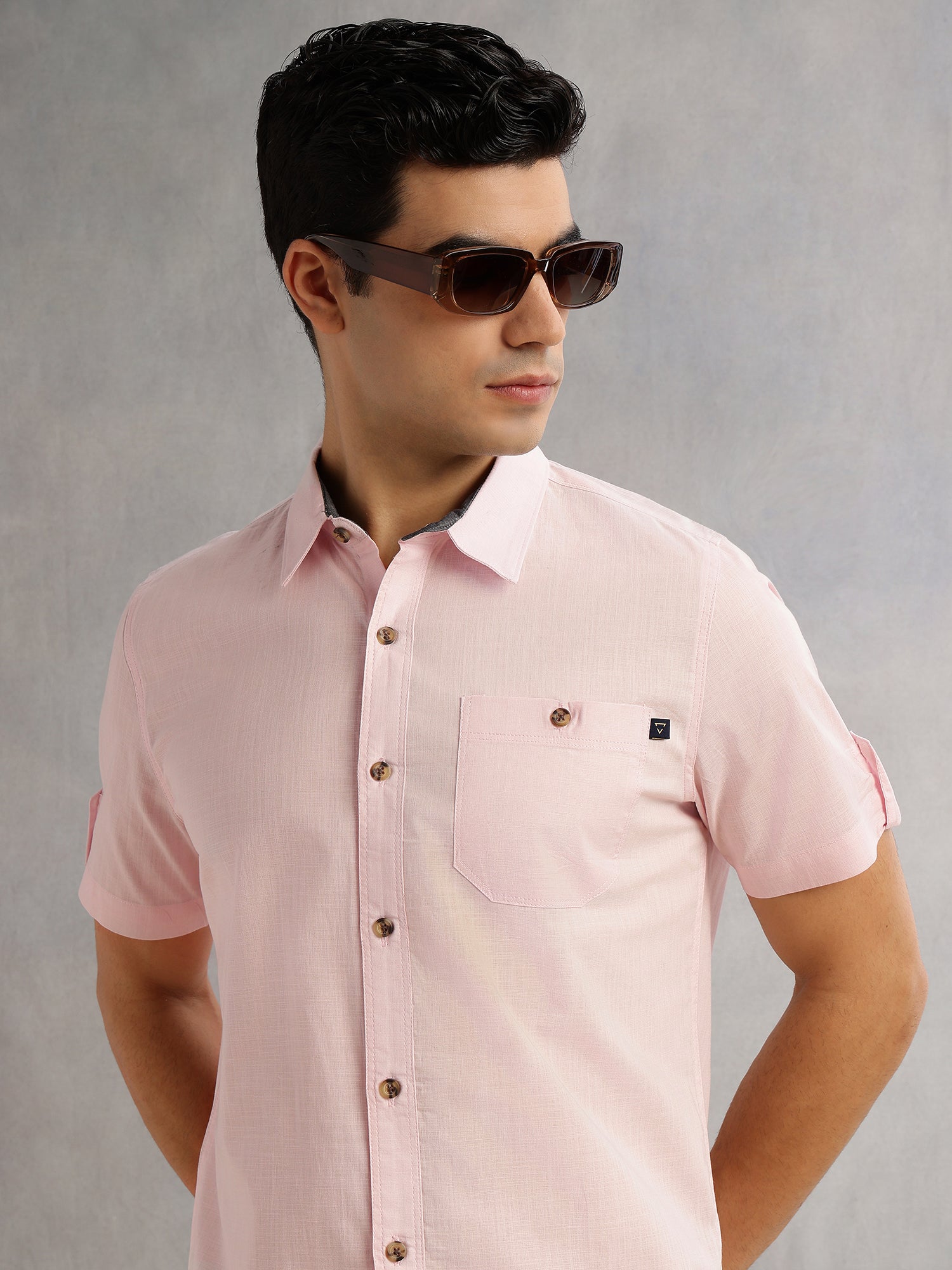 Thomas Scott Men Pink Regular Fit Short Sleeves Spread Collar 100% Cotton Casual Shirt