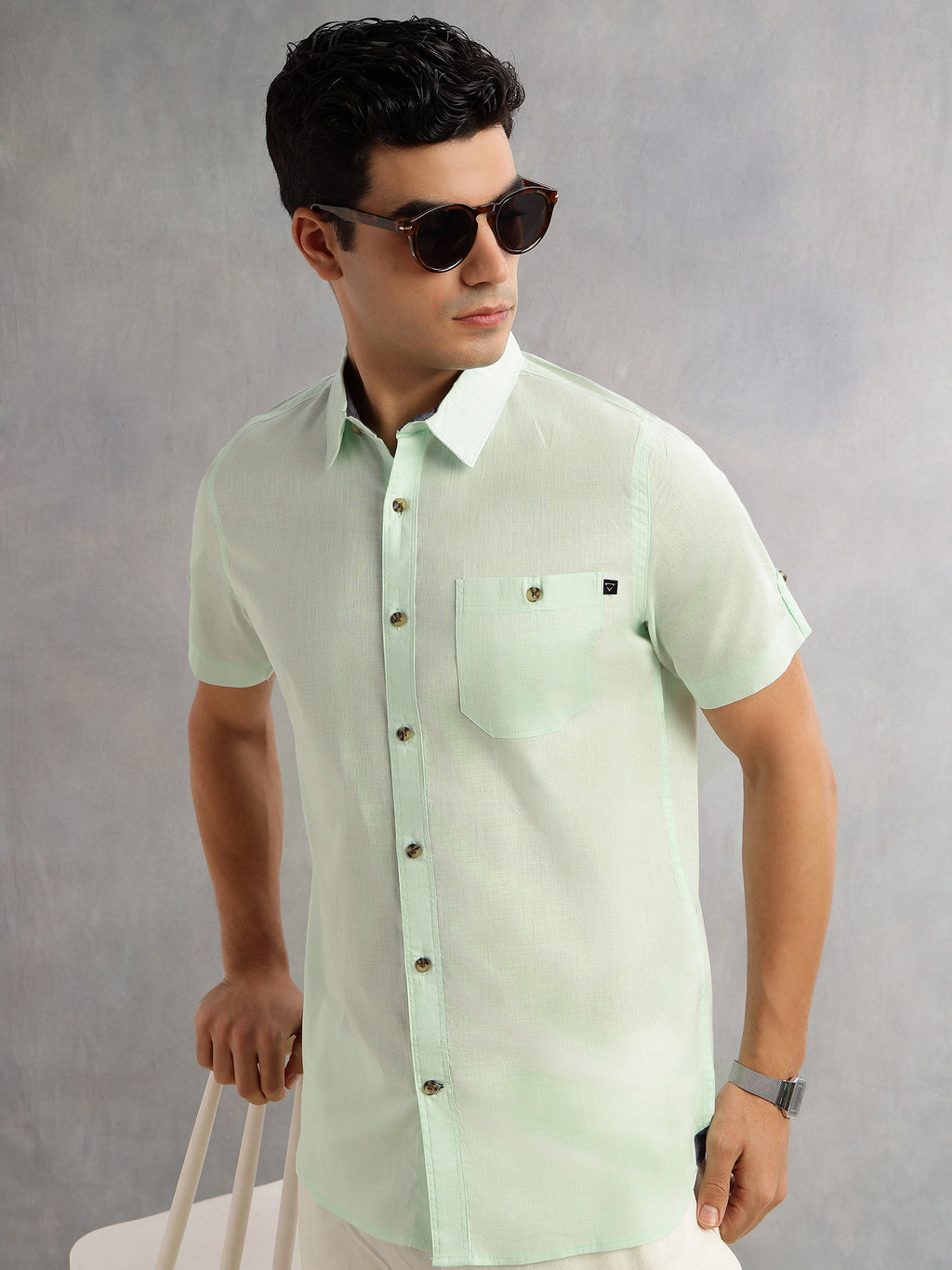 Thomas Scott Men Lime Green Regular Fit Short Sleeves Spread Collar 100% Cotton Casual Shirt