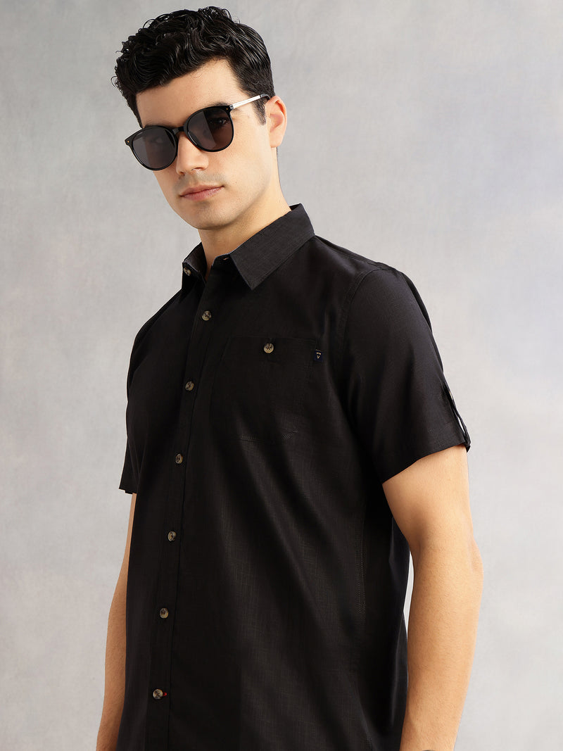 Thomas Scott Men Black Regular Fit Short Sleeves Spread Collar 100% Cotton Casual Shirt