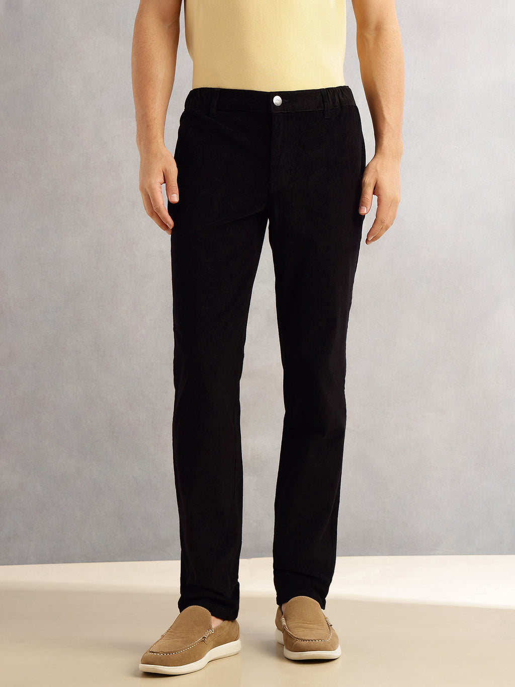 Thomas Scott Men Black Regular Fit Mid-Rise 4 Pockets Woven Corduroy Trouser