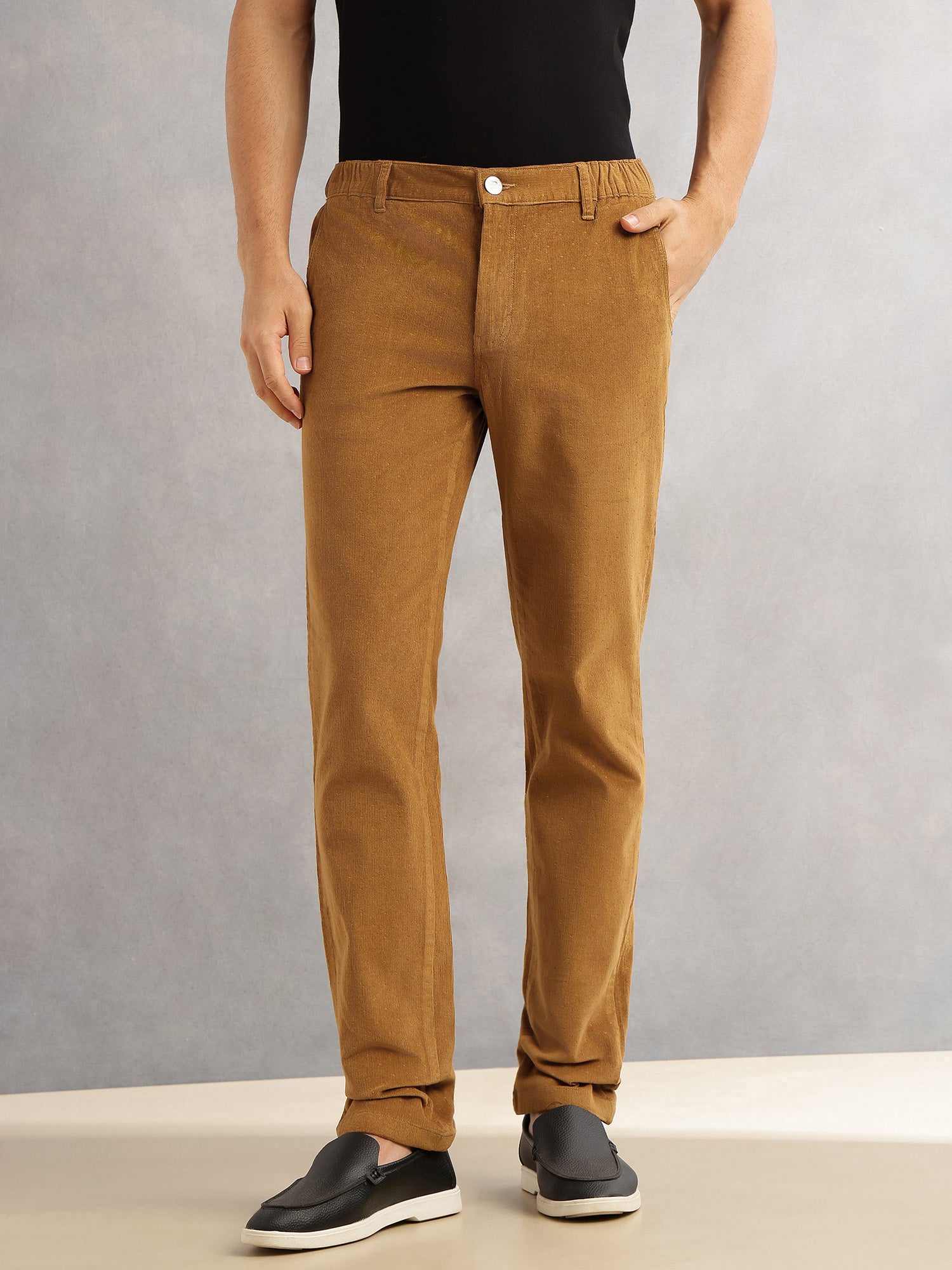 Thomas Scott Men Sand Regular Fit Mid-Rise 4 Pockets Woven Corduroy Trouser