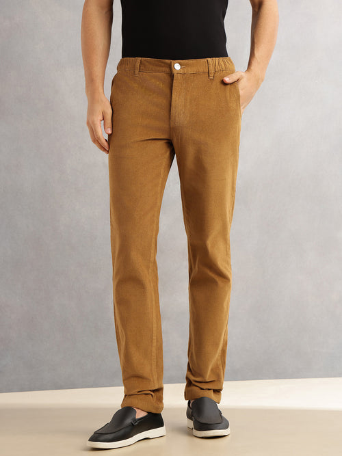 Thomas Scott Men Sand Regular Fit Mid-Rise 4 Pockets Woven Corduroy Trouser