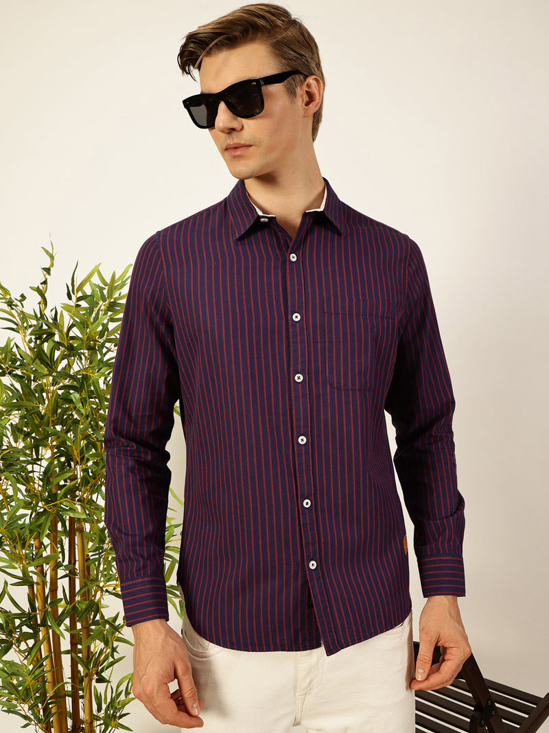 Thomas Scott Men Purple Slim Fit Long Sleeves Spread Collar Pinstripes Cotton Casual Shirt