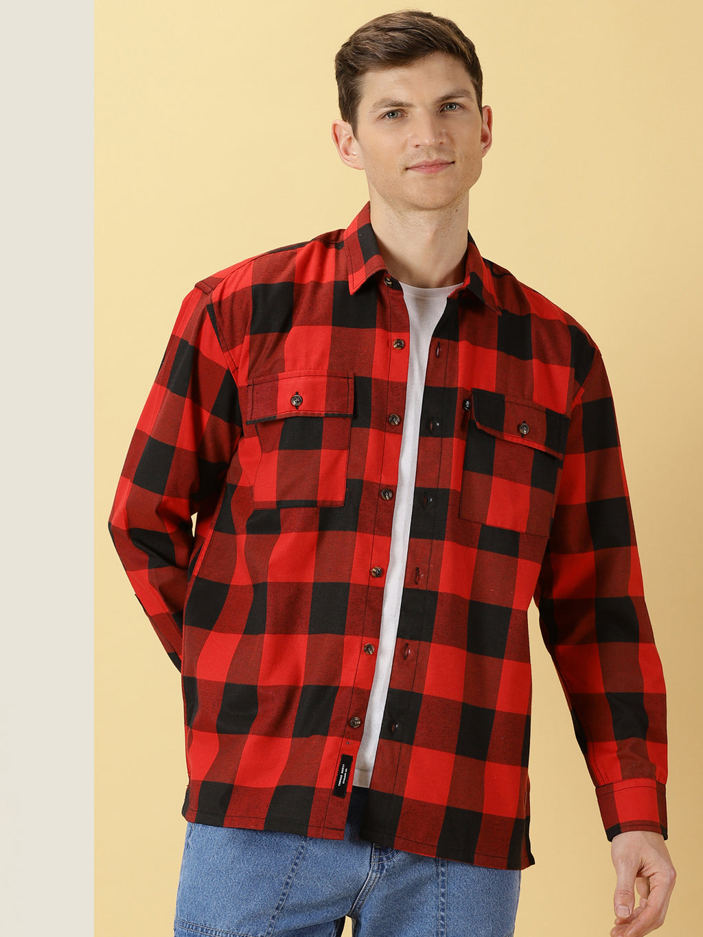 Thomas Scott Men Red Regular Fit Long Sleeves Buffalo Checked 2 Flap Pockets Twill Cotton Shirt