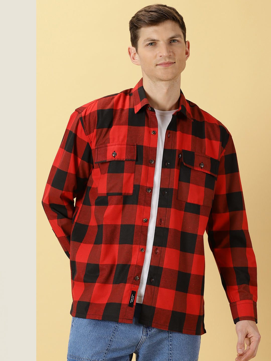 Thomas Scott Men Red Regular Fit Long Sleeves Buffalo Checked 2 Flap Pockets Twill Cotton Shirt