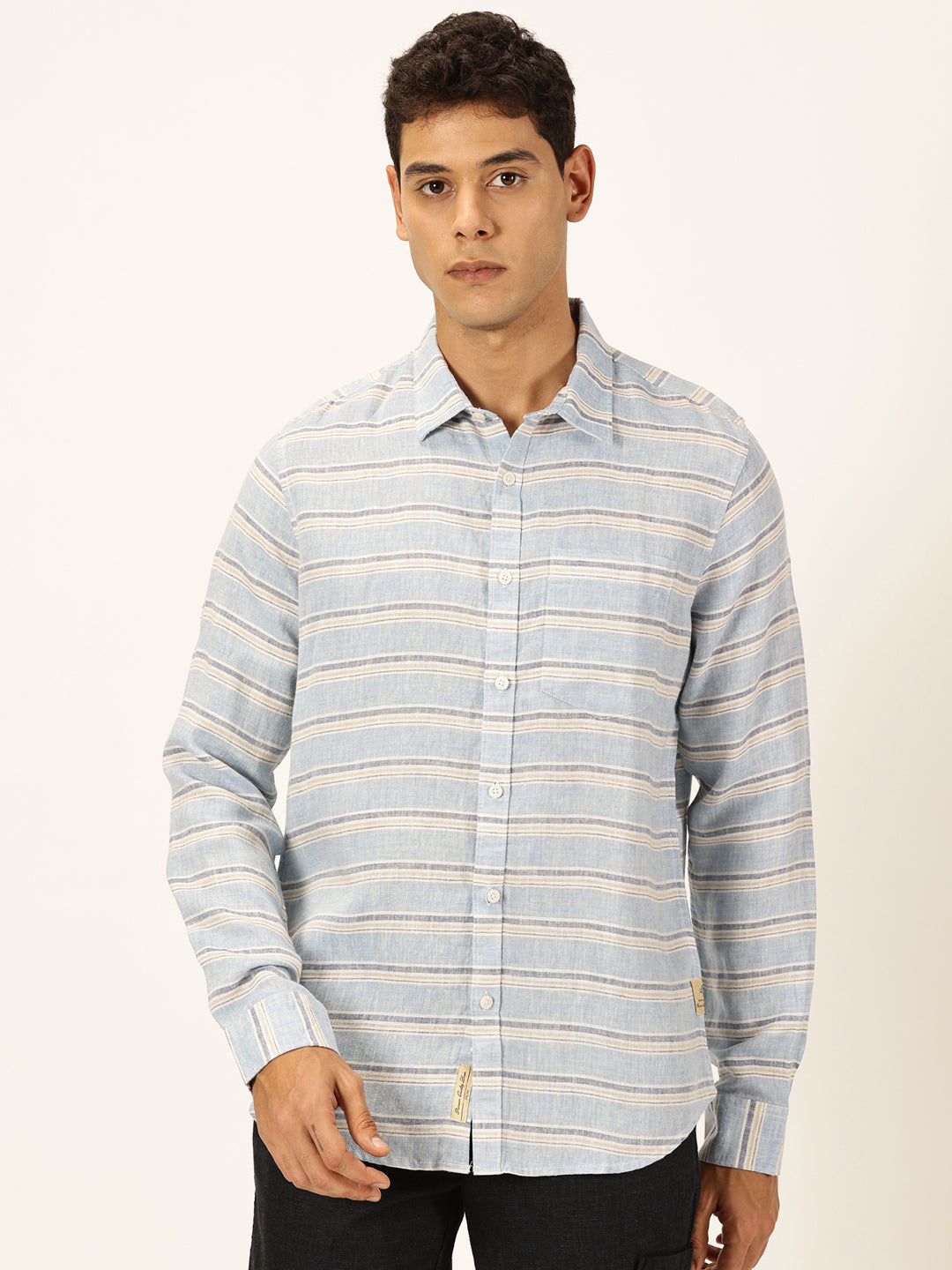Thomas Scott Men Blue Slim Fit Long Sleeves Spread Collar Horizontal Stripes Linen Casual Shirt