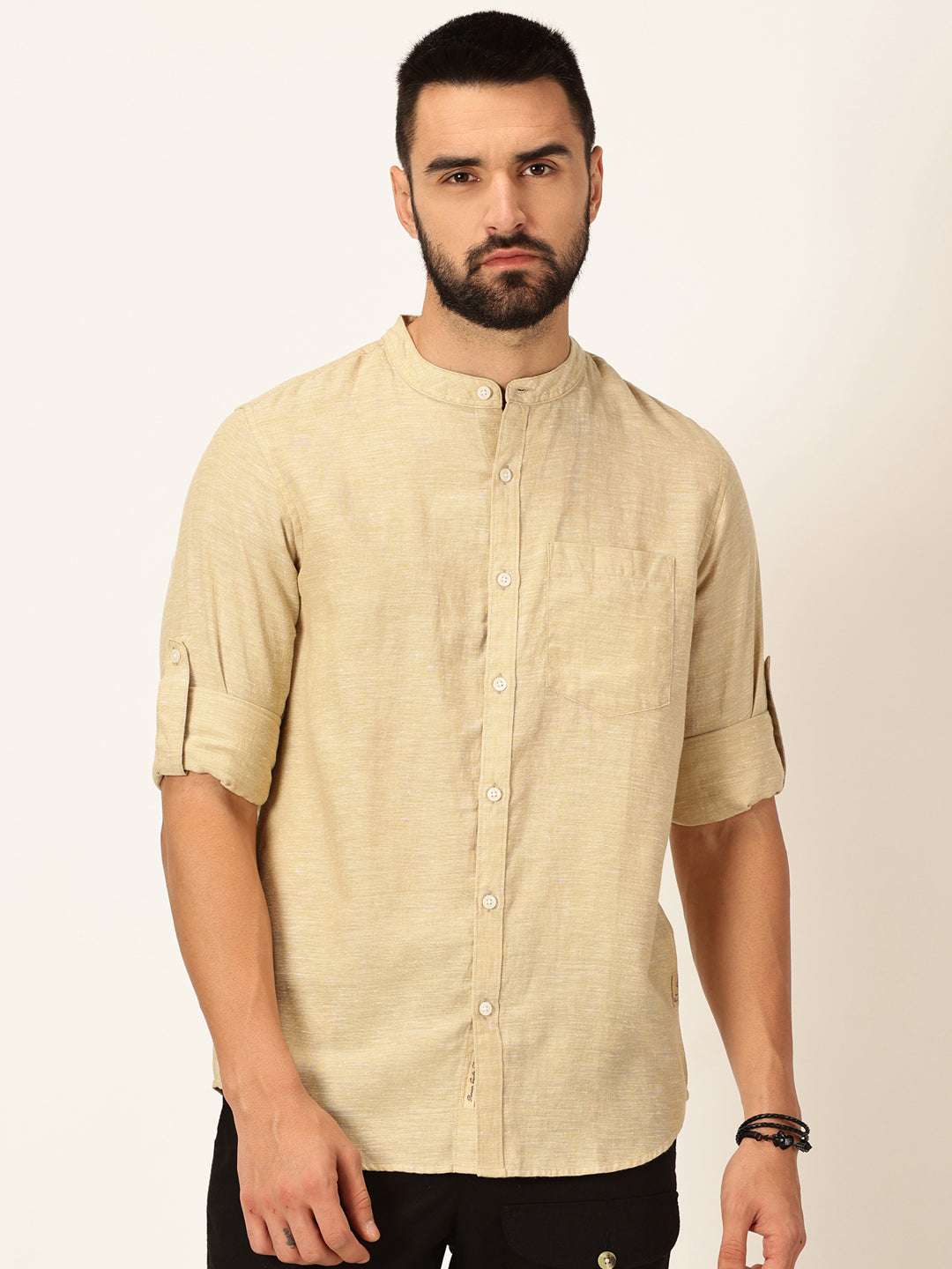 Thomas Scott Men Khaki Slim Fit Long Sleeves Mandarin Collar Cotton Linen Casual Shirt