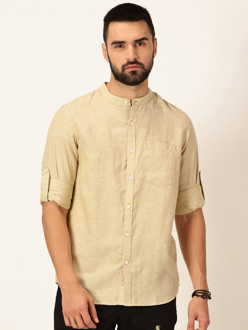 Thomas Scott Men Khaki Slim Fit Long Sleeves Mandarin Collar Cotton Linen Casual Shirt