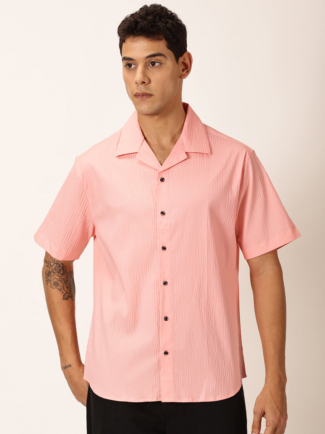 Thomas Scott Men Pink Slim Fit Textured Short Sleeves Cuban Collar Casual Shirt
