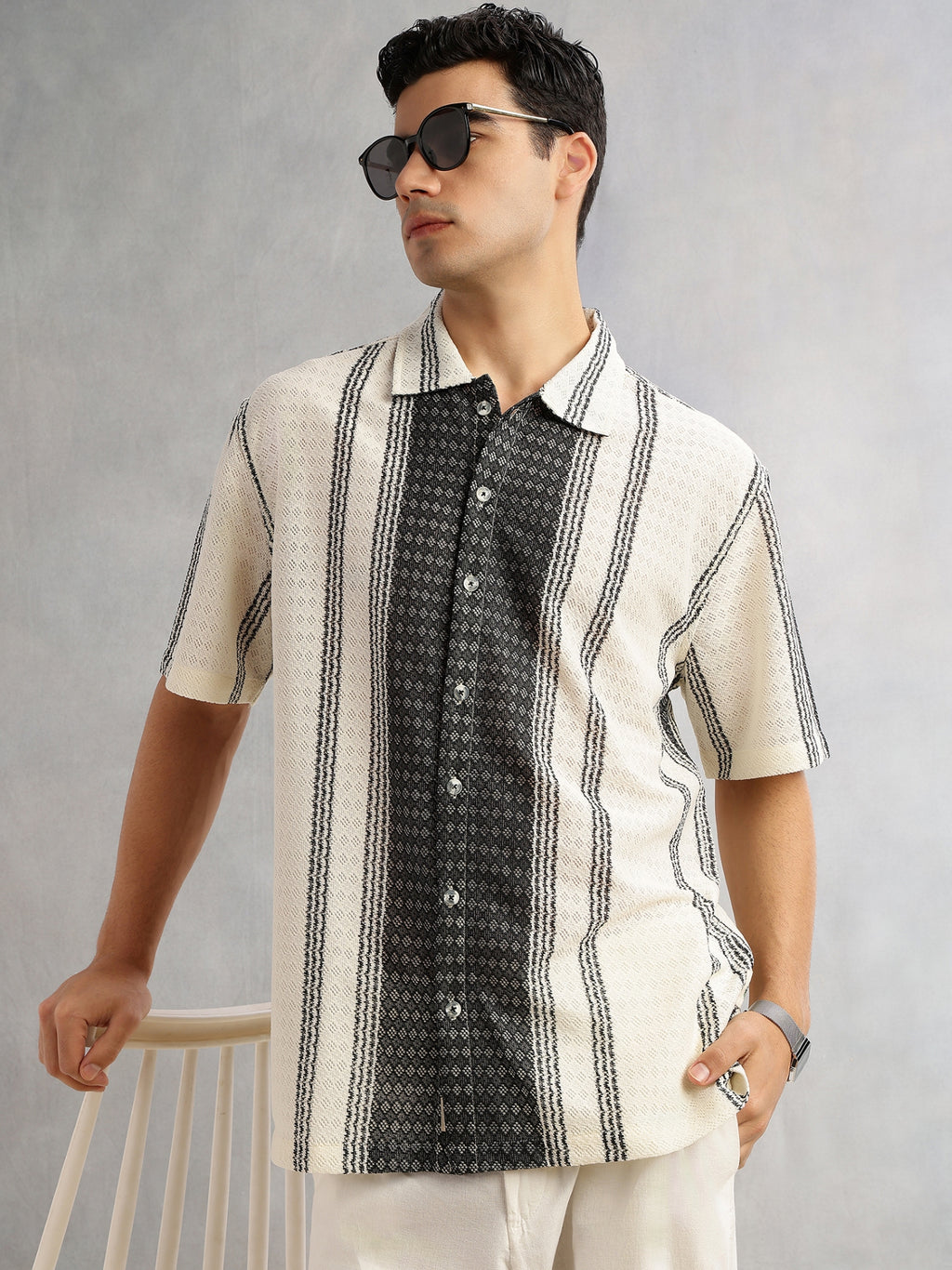 Thomas Scott Men Self Design Textured Regular Fit Semi-Sheer Casual Crochet Shirt