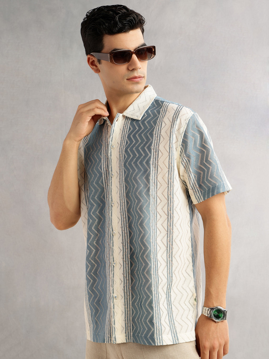 Thomas Scott Men Geometric Printed Regular Fit Semi-Sheer Casual Crochet Shirt