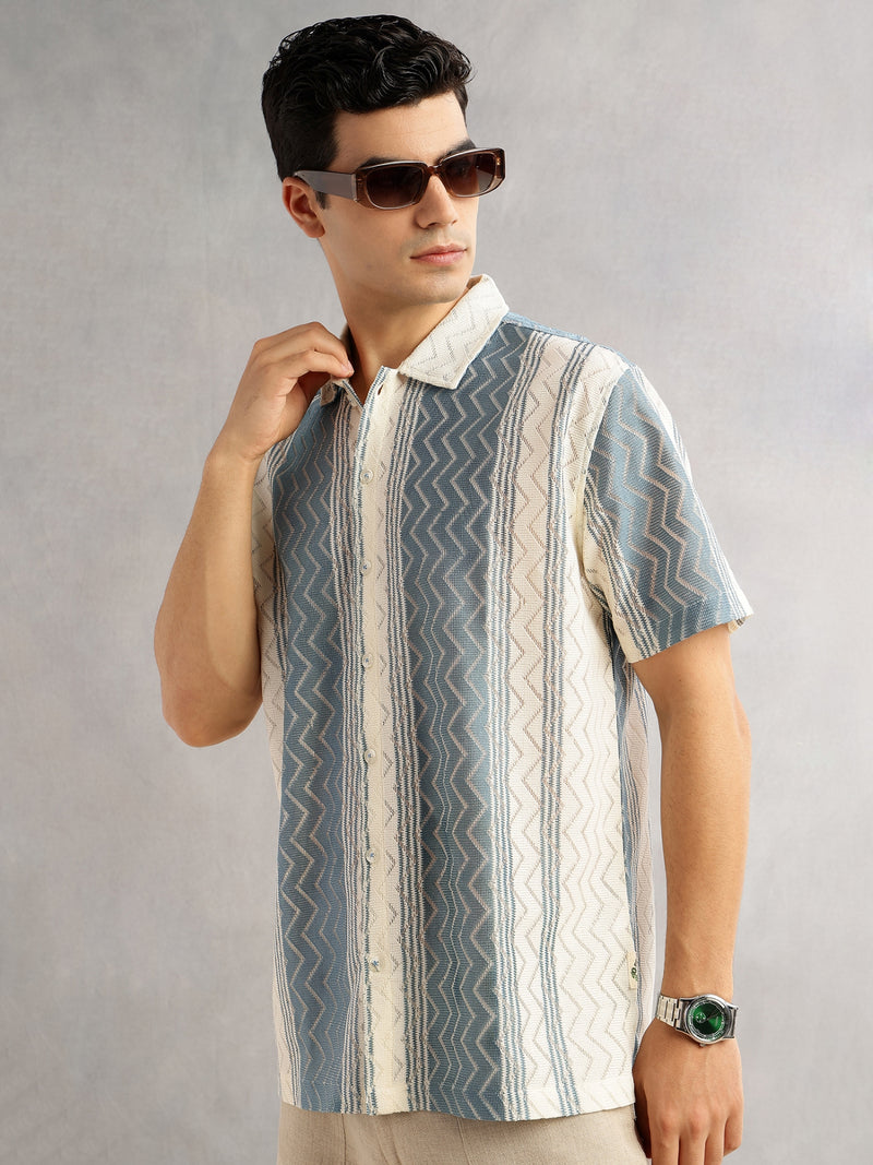 Thomas Scott Men Geometric Printed Regular Fit Semi-Sheer Casual Crochet Shirt