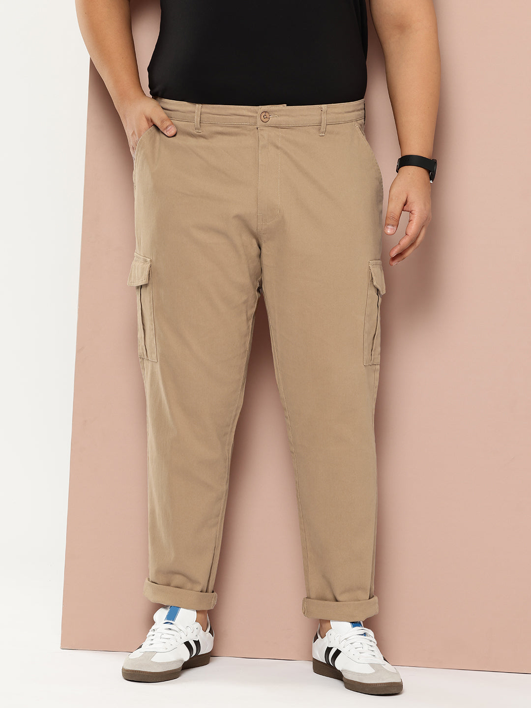Thomas Scott Men Beige Cricket Club Plus Size Regular Fit Mid-Rise Solid Woven Cargo Trouser
